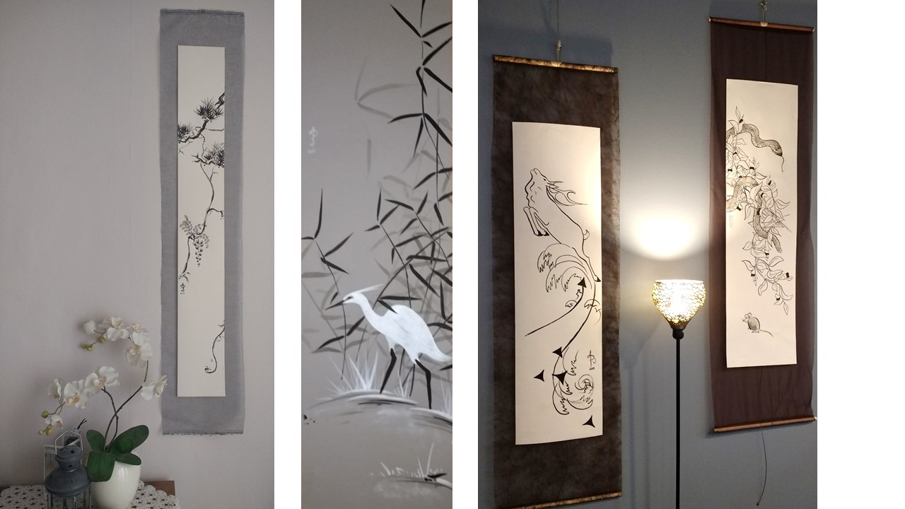 le pin etPin et glycine ; le héron dans les bambous ; cerf bondissant; le serpent et la sourris