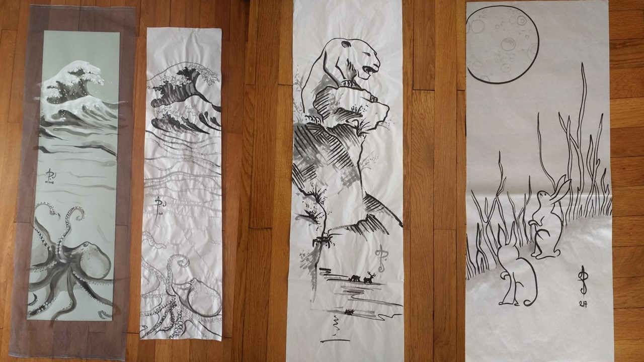 Vague et poulpe ; pentère sur un rocher ; lapins à la lune (motif traditionel)