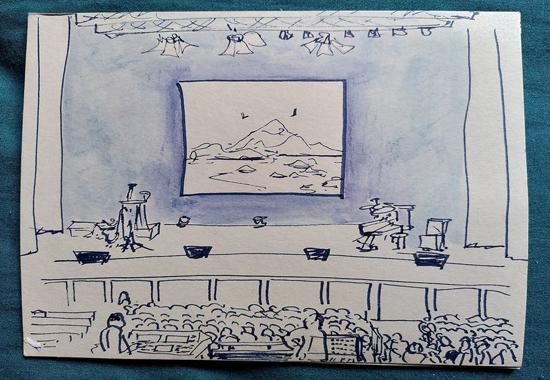 dessin de la scène où se déroule dessin, projection et musique