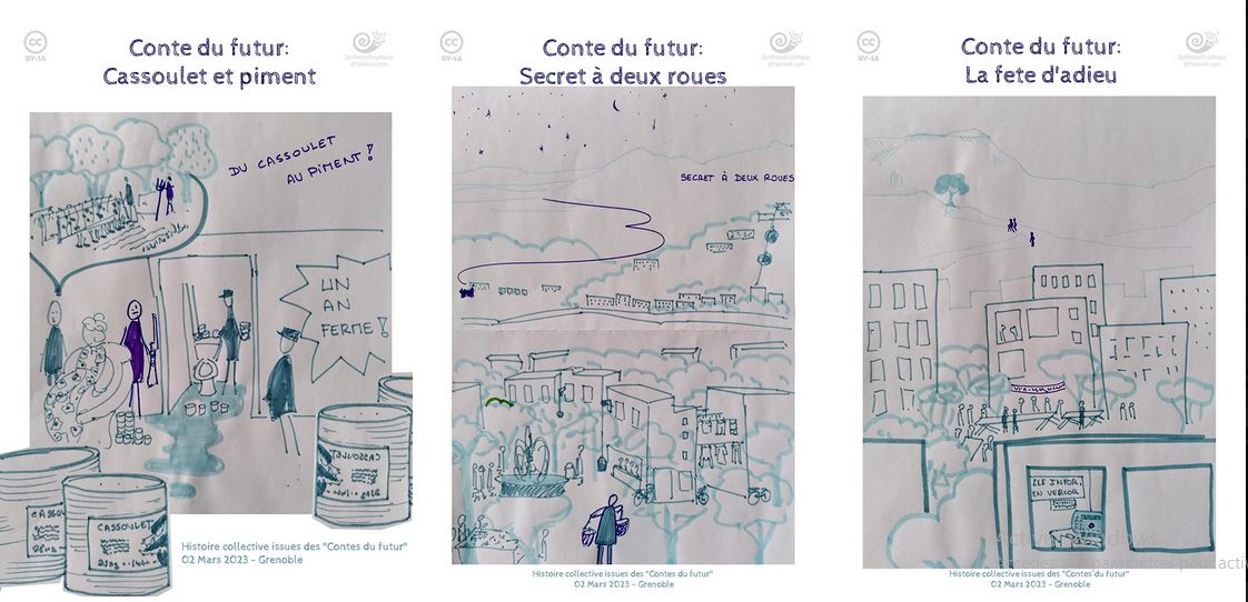 trois dessins en feutre qui montre une scène de chaque conte imaginéde