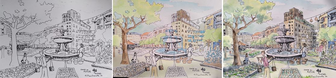 trois etapes de la réalisation du dessin aquarelle