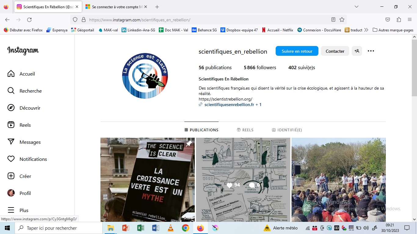 capture d'cran du compte instagram de scientifique en rebellion. Ma BD apparait au centre