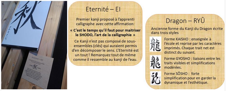 Accompagnant chaque calligraphie, un petit écriteau sur la signification des kanjis, leur tracés, le style d'écriture etc... de quoi comprendre ce que l'on regarde et peut-être par le signifiant, voyager encore, autrement. Ci-dessous, l'affichette pour l'Eternité et le Dragon :