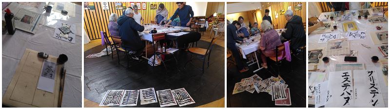 photos de l'installation et des personnes en trains de calligraphier