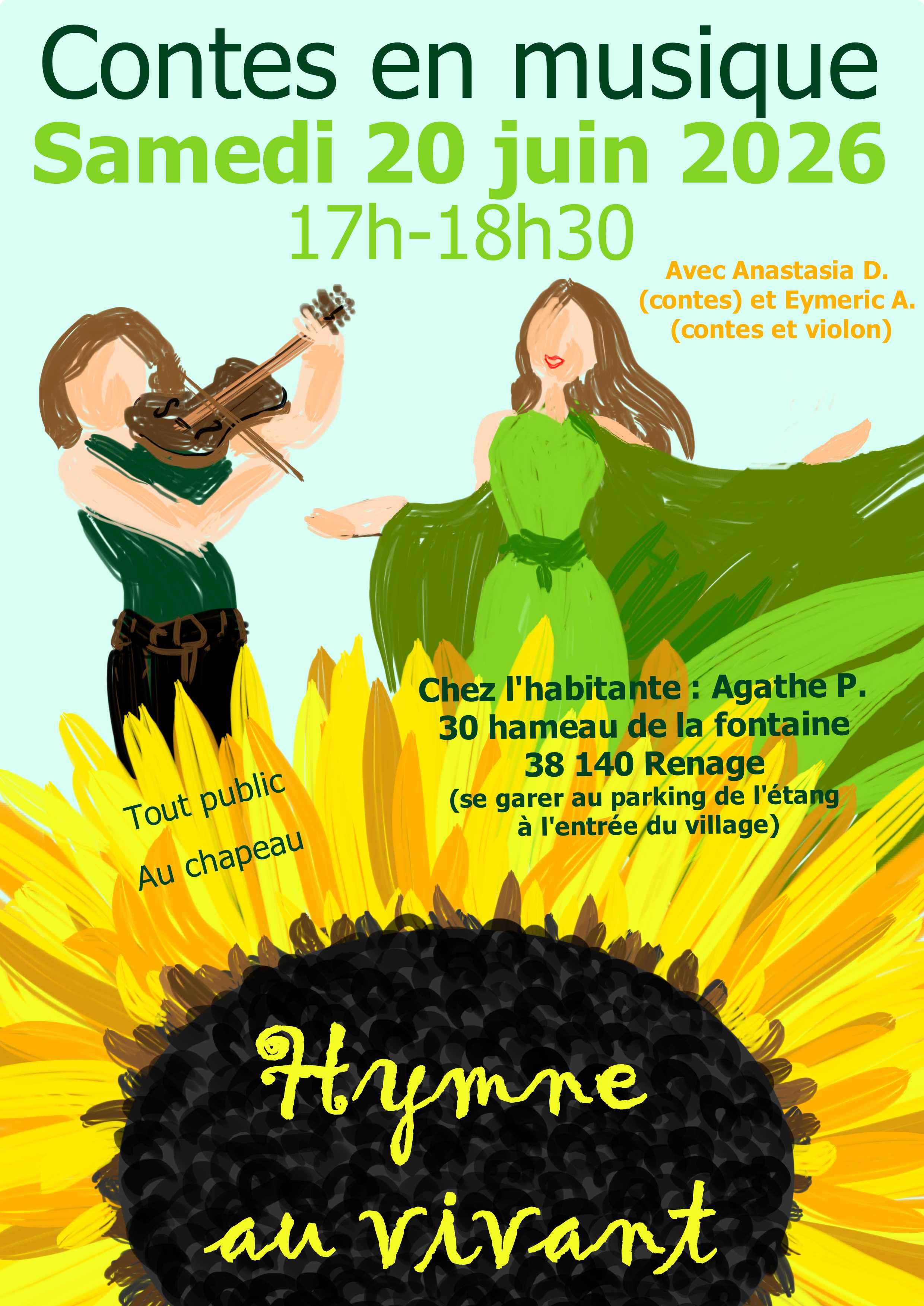 affiche en dessin couleur avec tournesol et deux personnes habillé en vert