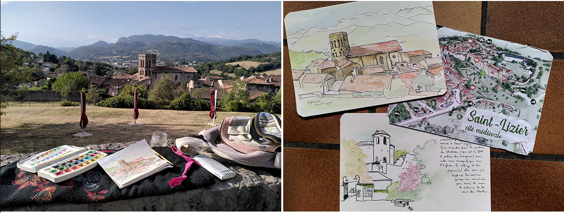 installation pour peindre devant le paysage ; croquis aquarelle fini de l'eglise